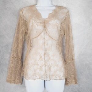 Sheer Lace Blouse Womens Medium Tan Beige Bell Sleeve V Neck Whimsy Fairycore